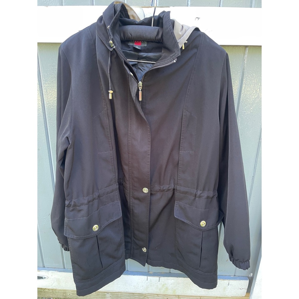 Gallery Womens XL Black Hooded Anorak Jacket Drawstring Waist Full Zip Parka